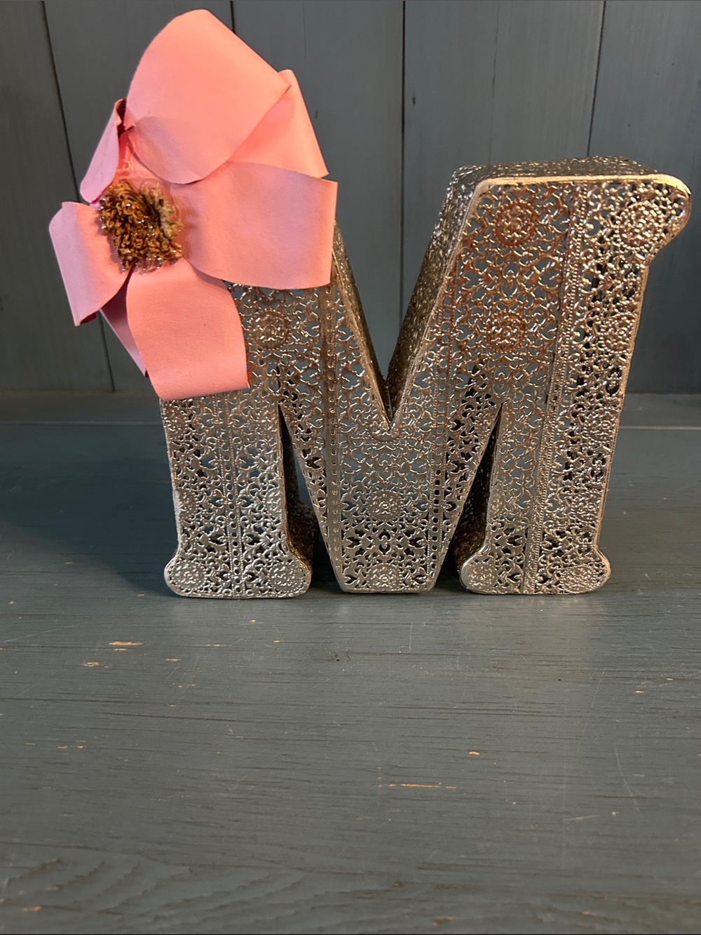 Hand Crafted Silver Decorative Letter “M” with Pink Bow